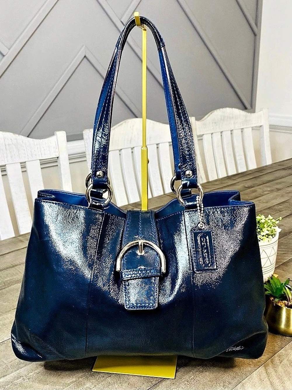 Coach Vintage Soho Blue Patent Leather Buckle Flap Shoulder Tote Bag
